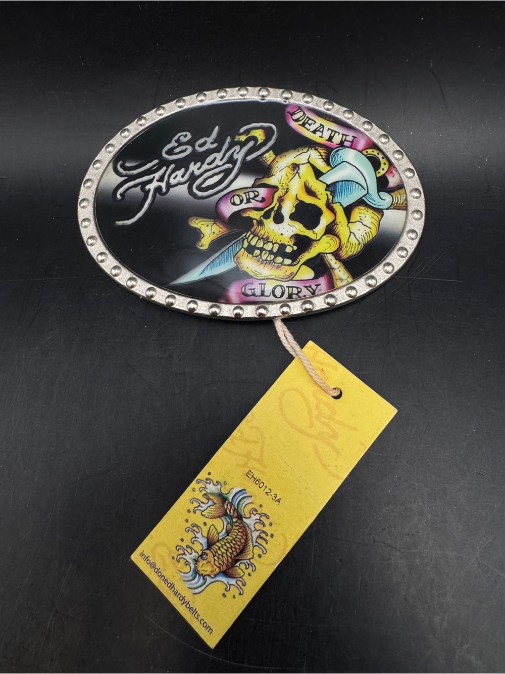 Vtg Ed Hardy “Death or Glory” Skull & Dagger Metal Silver Studded Belt Buckle 🆕